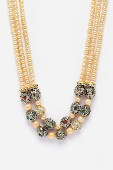 Buy_Dugran By Dugristyle_Cream Pearls And Natural Stones Embellished Necklace_Online_at_Aza_Fashions