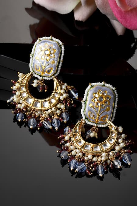 Dugran By Dugristyle_Blue Metallic Thread, Pearls, Stones Floral Meenakari Work Chandbalis _Online_at_Aza_Fashions