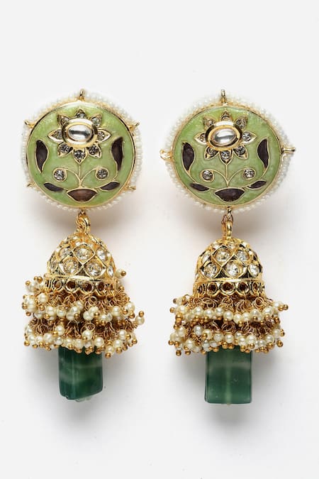 Shop Dugran By Dugristyle Green Metallic Thread, Pearls, Stones Floral Meenakari Work Jhumkas at Aza Fashions Shop_Dugran By Dugristyle_Green Metallic Thread, Pearls, Stones Floral Meenakari Work Jhumkas _at_Aza_Fashions
