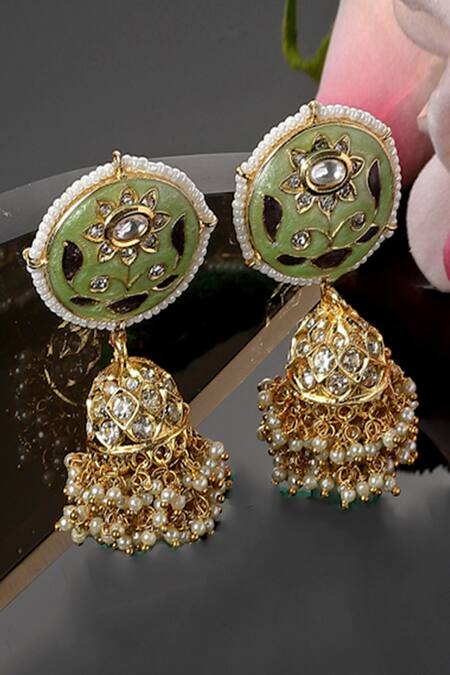 Dugran By Dugristyle Green Metallic Thread, Pearls, Stones Floral Meenakari Work Jhumkas Online at Aza Fashions Dugran By Dugristyle_Green Metallic Thread, Pearls, Stones Floral Meenakari Work Jhumkas _Online_at_Aza_Fashions