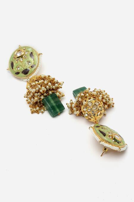 Buy Dugran By Dugristyle Green Metallic Thread, Pearls, Stones Floral Meenakari Work Jhumkas Online at Aza Fashions Buy_Dugran By Dugristyle_Green Metallic Thread, Pearls, Stones Floral Meenakari Work Jhumkas _Online_at_Aza_Fashions