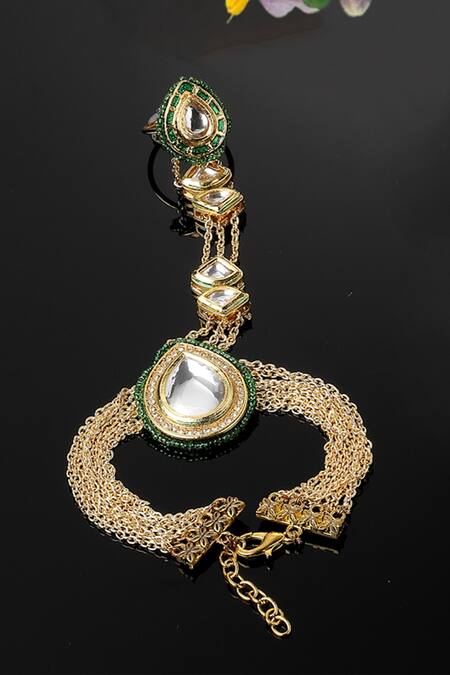Dugran By Dugristyle Green Crystals, Diamonds Kundan And Stone Embellished Haathphool Online at Aza Fashions Dugran By Dugristyle_Green Crystals, Diamonds Kundan And Stone Embellished Haathphool _Online_at_Aza_Fashions