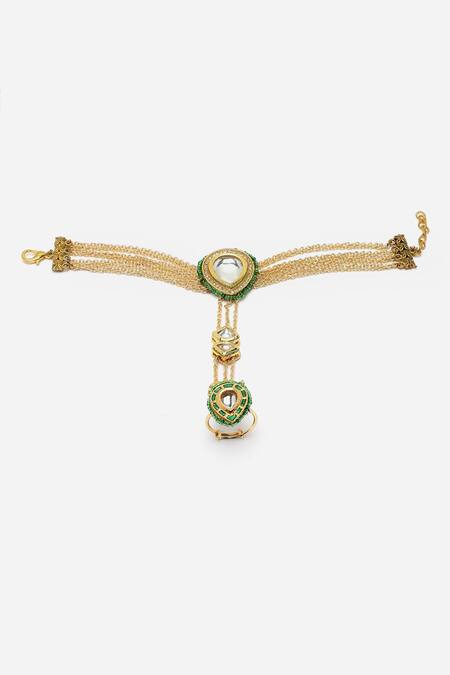Shop Dugran By Dugristyle Green Crystals, Diamonds Kundan And Stone Embellished Haathphool Online at Aza Fashions Shop_Dugran By Dugristyle_Green Crystals, Diamonds Kundan And Stone Embellished Haathphool _Online_at_Aza_Fashions