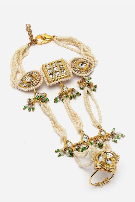 Shop Dugran By Dugristyle Green Crystals Kundan And Pearl Embellished Haathphool at Aza Fashions Shop_Dugran By Dugristyle_Green Crystals Kundan And Pearl Embellished Haathphool _at_Aza_Fashions