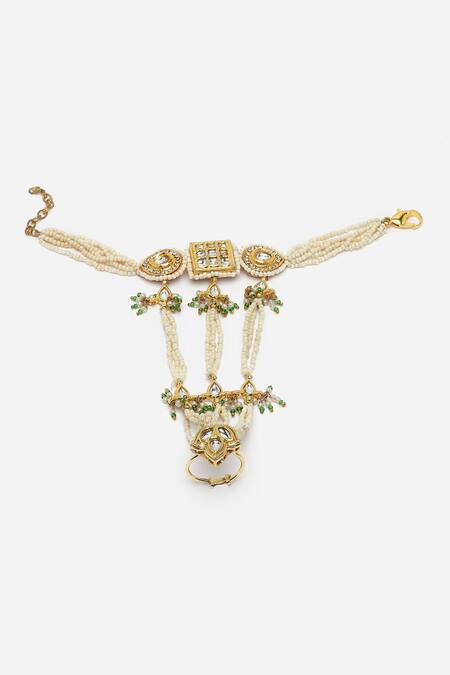 Shop Dugran By Dugristyle Green Crystals Kundan And Pearl Embellished Haathphool Online at Aza Fashions Shop_Dugran By Dugristyle_Green Crystals Kundan And Pearl Embellished Haathphool _Online_at_Aza_Fashions