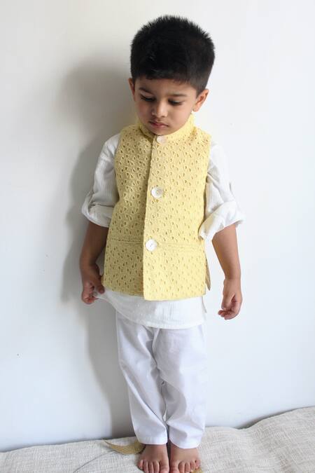 Charkhee_Yellow Satin Embroidery Schiffli Work Nehru Jacket _Online_at_Aza_Fashions