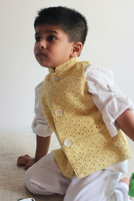 Buy_Charkhee_Yellow Satin Embroidery Schiffli Work Nehru Jacket _Online_at_Aza_Fashions