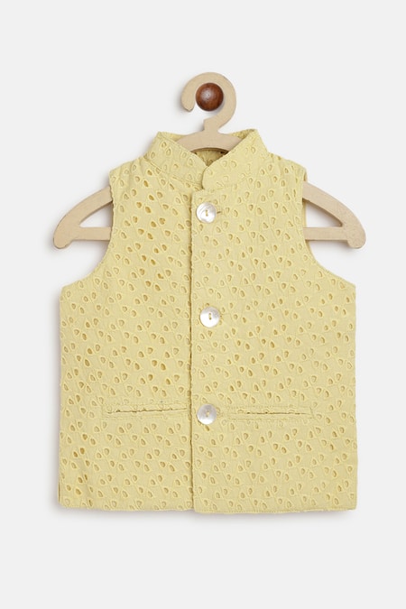 Shop_Charkhee_Yellow Satin Embroidery Schiffli Work Nehru Jacket _Online_at_Aza_Fashions