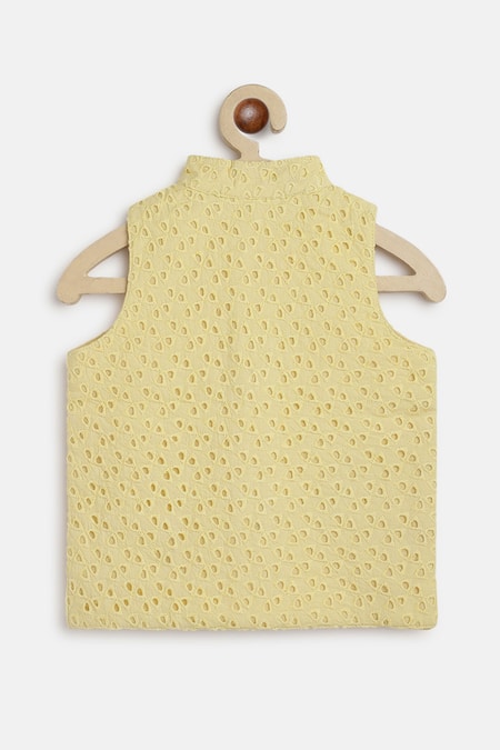 Charkhee_Yellow Satin Embroidery Schiffli Work Nehru Jacket _at_Aza_Fashions