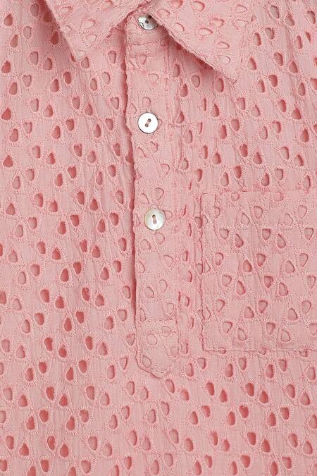 Charkhee_Pink Poplin Embroidery Schiffli Kurta_at_Aza_Fashions