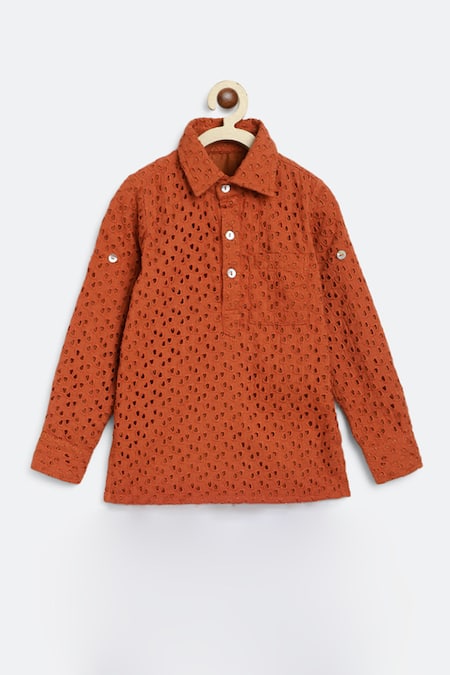 Shop Charkhee Orange Poplin Embroidery Schiffli Work Kurta at Aza Fashions Shop_Charkhee_Orange Poplin Embroidery Schiffli Work Kurta _at_Aza_Fashions