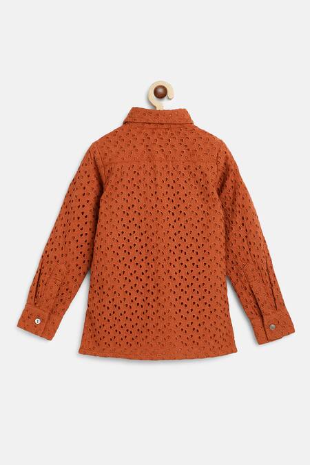 Charkhee Orange Poplin Embroidery Schiffli Work Kurta at Aza Fashions Charkhee_Orange Poplin Embroidery Schiffli Work Kurta _at_Aza_Fashions