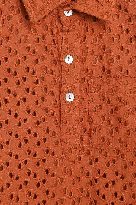 Buy Charkhee Orange Poplin Embroidery Schiffli Work Kurta Buy_Charkhee_Orange Poplin Embroidery Schiffli Work Kurta