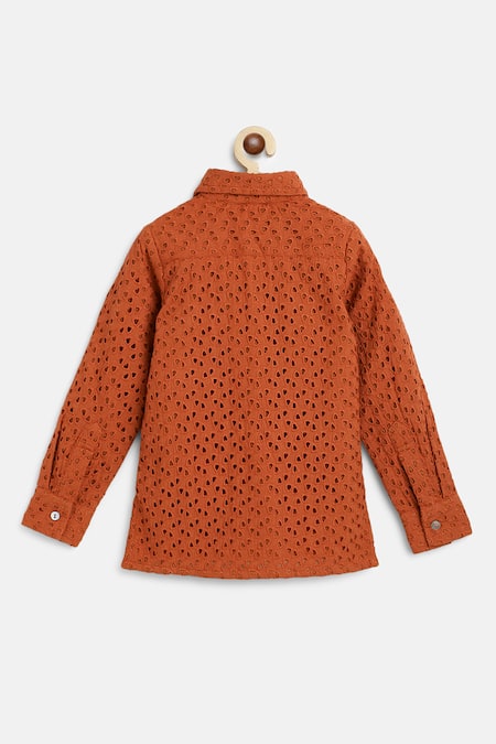 Buy_Charkhee_Orange Poplin Embroidery Schiffli Kurta Set _Online_at_Aza_Fashions