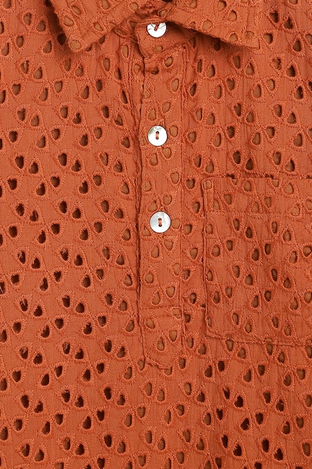 Charkhee_Orange Poplin Embroidery Schiffli Kurta Set _at_Aza_Fashions