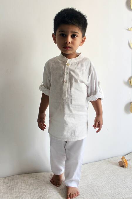Buy_Charkhee_White Cotton, Poplin Textured Kurta With Pyjama 