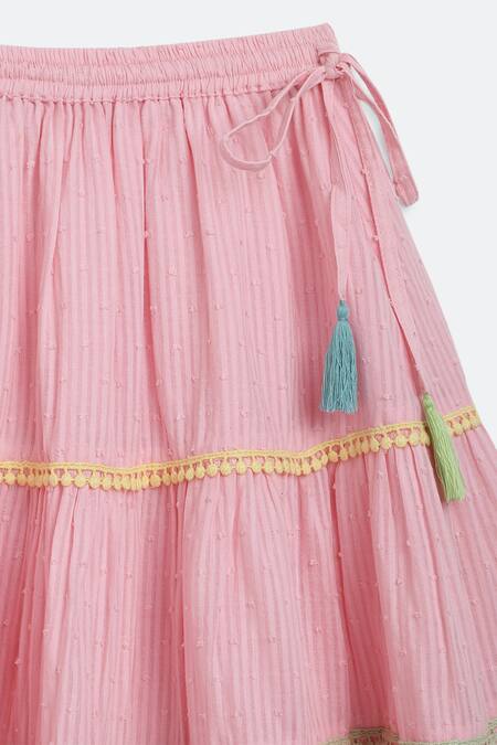 Charkhee_Pink Cotton Tassels, Lace Placement Work Top With Skirt_Online_at_Aza_Fashions