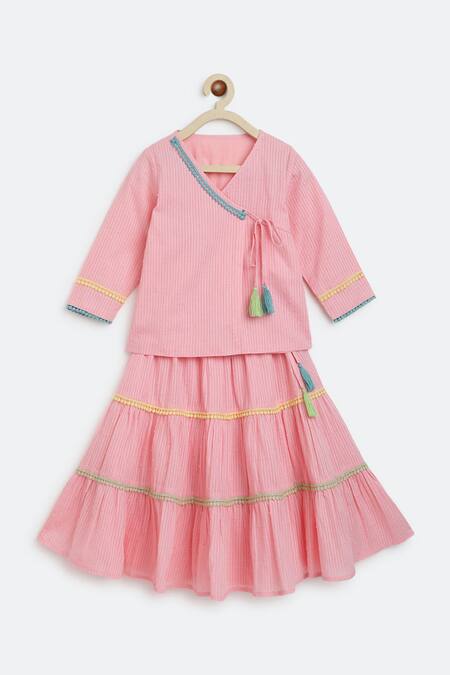 Buy_Charkhee_Pink Cotton Tassels, Lace Placement Work Top With Skirt_Online_at_Aza_Fashions