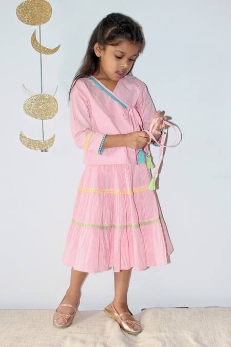 Shop_Charkhee_Pink Cotton Tassels, Lace Placement Work Top With Skirt_Online_at_Aza_Fashions