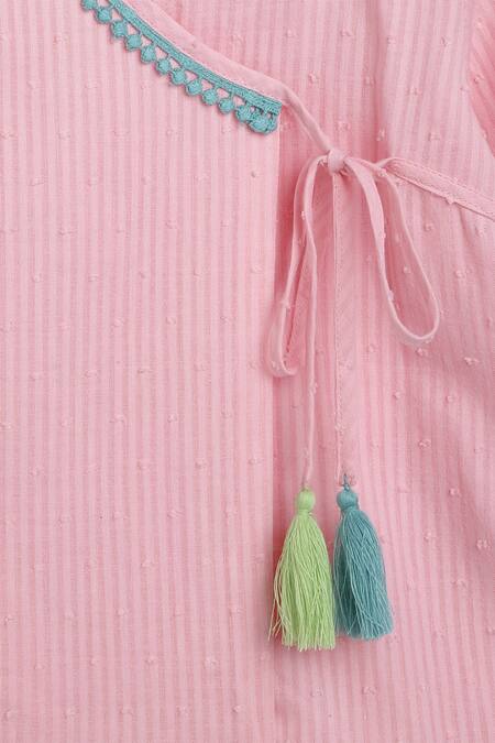 Charkhee_Pink Cotton Tassels, Lace Placement Work Top With Skirt_at_Aza_Fashions