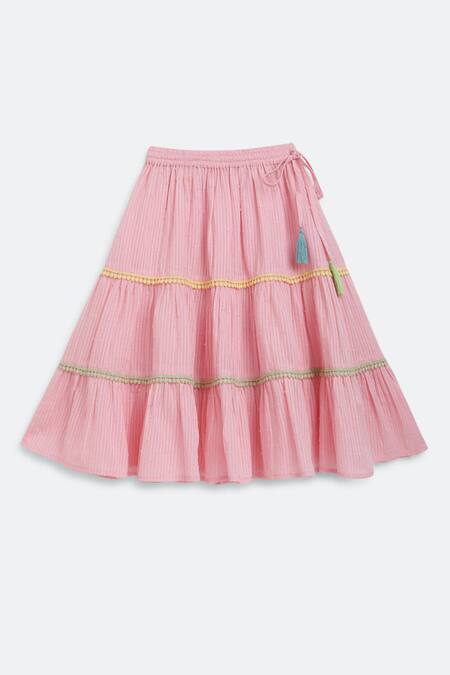 Buy_Charkhee_Pink Cotton Tassels, Lace Placement Work Top With Skirt