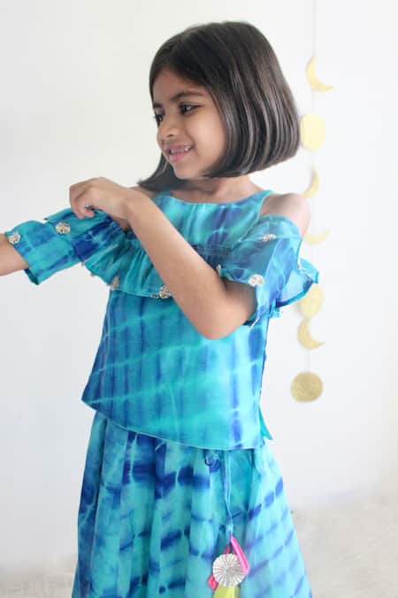Shop_Charkhee_Blue Cotton Gota Patti, Tassels Leheriya Pattern Top With Skirt _Online_at_Aza_Fashions