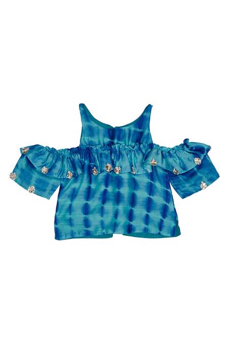 Charkhee_Blue Cotton Gota Patti, Tassels Leheriya Pattern Top With Skirt _at_Aza_Fashions