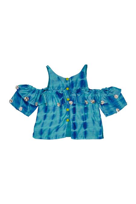 Buy_Charkhee_Blue Cotton Gota Patti, Tassels Leheriya Pattern Top With Skirt 