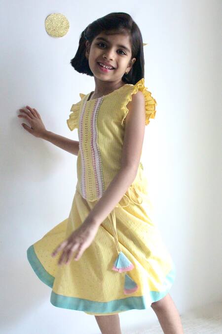 Charkhee_Yellow Cotton Embroidery, Tassels Placement Dori Work Top With Skirt_Online_at_Aza_Fashions