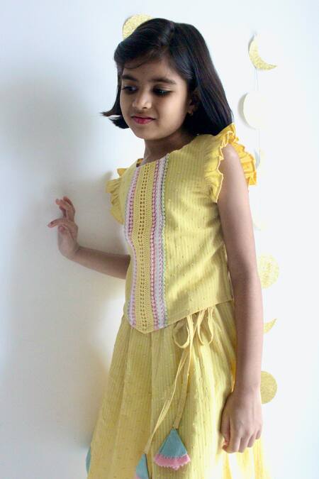 Buy_Charkhee_Yellow Cotton Embroidery, Tassels Placement Dori Work Top With Skirt_Online_at_Aza_Fashions