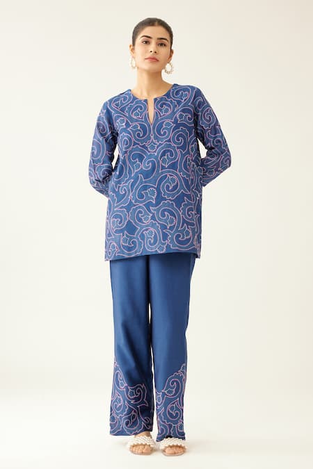 Kora_Blue Silk, Cotton Applique, Embroidery Split V-neck Work Top And Pant Set _Online_at_Aza_Fashions
