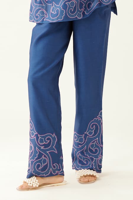 Buy_Kora_Blue Silk, Cotton Applique, Embroidery Split V-neck Work Top And Pant Set _Online_at_Aza_Fashions