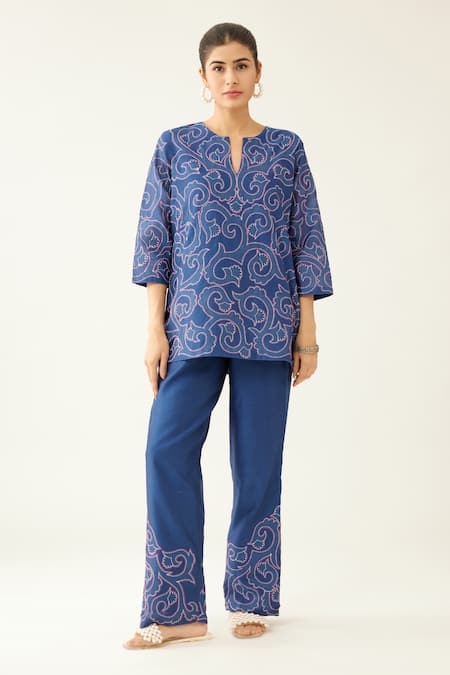 Shop_Kora_Blue Silk, Cotton Applique, Embroidery Split V-neck Work Top And Pant Set _Online_at_Aza_Fashions