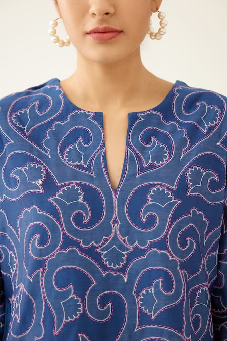 Kora_Blue Silk, Cotton Applique, Embroidery Split V-neck Work Top And Pant Set _at_Aza_Fashions