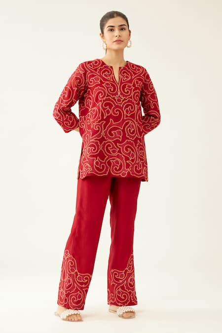 Buy_Kora_Red Silk, Cotton Embroidery Split V-neck Jaal Applique Work Top And Pant Set _Online_at_Aza_Fashions
