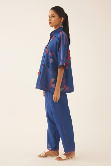 Kora_Blue Silk, Cotton Embroidery Collared 3d Spiral Shirt And Pant Set _Online_at_Aza_Fashions