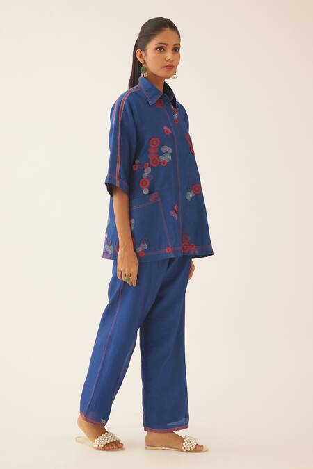Buy_Kora_Blue Silk, Cotton Embroidery Collared 3d Spiral Shirt And Pant Set _Online_at_Aza_Fashions
