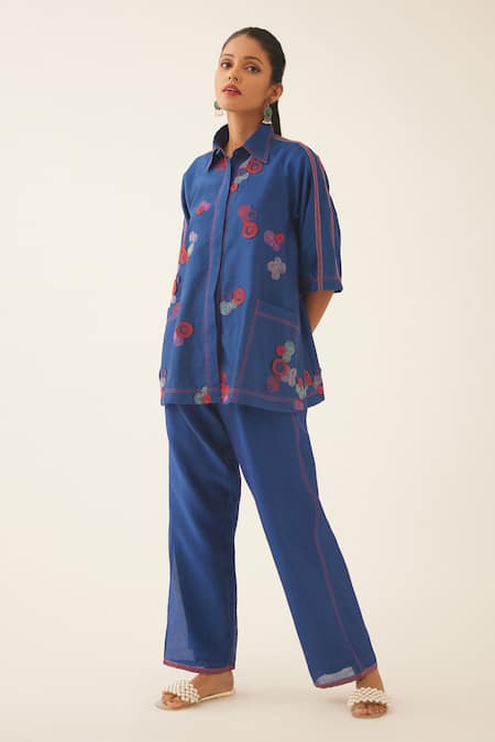 Shop_Kora_Blue Silk, Cotton Embroidery Collared 3d Spiral Shirt And Pant Set _Online_at_Aza_Fashions