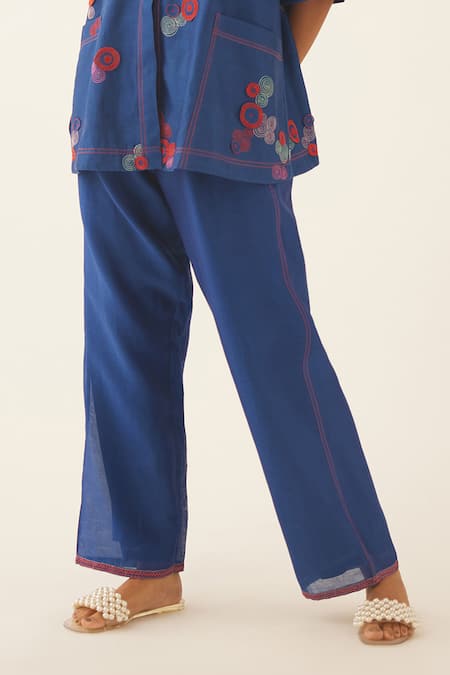 Kora_Blue Silk, Cotton Embroidery Collared 3d Spiral Shirt And Pant Set _at_Aza_Fashions