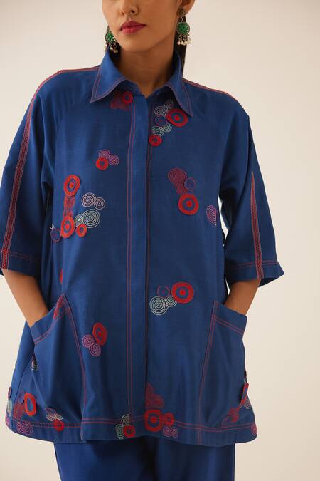 Buy_Kora_Blue Silk, Cotton Embroidery Collared 3d Spiral Shirt And Pant Set 