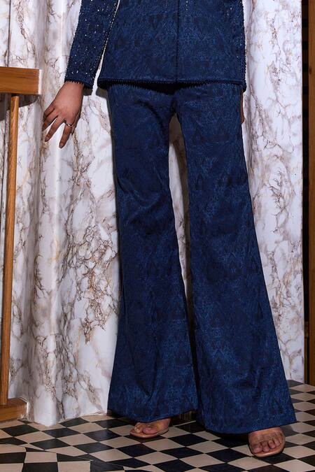 Buy Label Sanya Gulati Blue Jacquard, Silk, Satin Cut Work, Zari, Embroidery Collared Shirt And Pant Set Online at Aza Fashions Buy_Label Sanya Gulati_Blue Jacquard, Silk, Satin Cut Work, Zari, Embroidery Collared Shirt And Pant Set _Online_at_Aza_Fashions