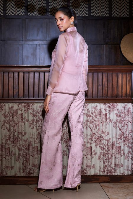 Shop Label Sanya Gulati Pink Organza, Jacquard Embroidery Collared Shirt And Pant Set at Aza Fashions Shop_Label Sanya Gulati_Pink Organza, Jacquard Embroidery Collared Shirt And Pant Set _at_Aza_Fashions