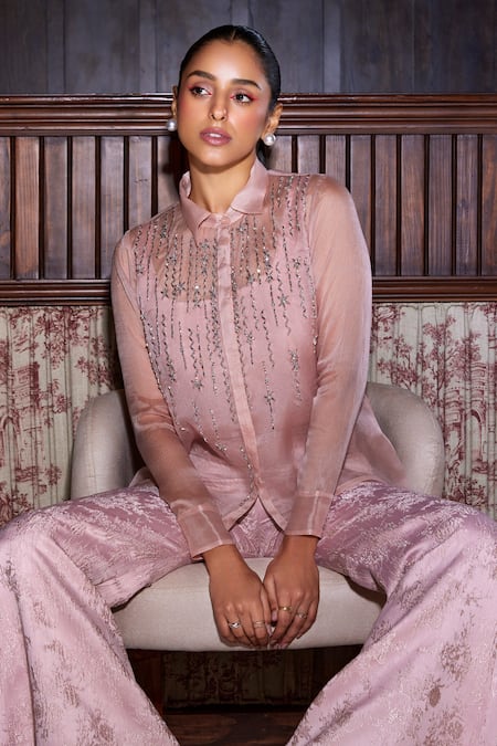 Label Sanya Gulati Pink Organza, Jacquard Embroidery Collared Shirt And Pant Set Online at Aza Fashions Label Sanya Gulati_Pink Organza, Jacquard Embroidery Collared Shirt And Pant Set _Online_at_Aza_Fashions