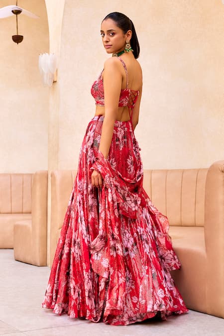 Shop Label Sanya Gulati Red Georgette, Silk Embroidery Scoop Neck Floral Print Shimmer Lehenga Set at Aza Fashions Shop_Label Sanya Gulati_Red Georgette, Silk Embroidery Scoop Neck Floral Print Shimmer Lehenga Set _at_Aza_Fashions