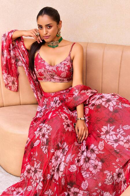 Buy Label Sanya Gulati Red Georgette, Silk Embroidery Scoop Neck Floral Print Shimmer Lehenga Set Online at Aza Fashions Buy_Label Sanya Gulati_Red Georgette, Silk Embroidery Scoop Neck Floral Print Shimmer Lehenga Set _Online_at_Aza_Fashions