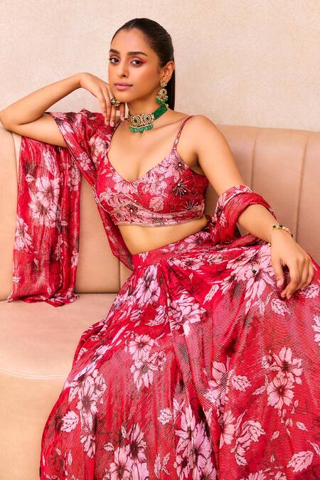 Shop Label Sanya Gulati Red Georgette, Silk Embroidery Scoop Neck Floral Print Shimmer Lehenga Set Online at Aza Fashions Shop_Label Sanya Gulati_Red Georgette, Silk Embroidery Scoop Neck Floral Print Shimmer Lehenga Set _Online_at_Aza_Fashions