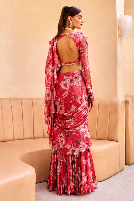 Shop Label Sanya Gulati Red Georgette Embroidery Plunge Floral Print Pre-draped Ruffle Saree With Blouse at Aza Fashions Shop_Label Sanya Gulati_Red Georgette Embroidery Plunge Floral Print Pre-draped Ruffle Saree With Blouse _at_Aza_Fashions