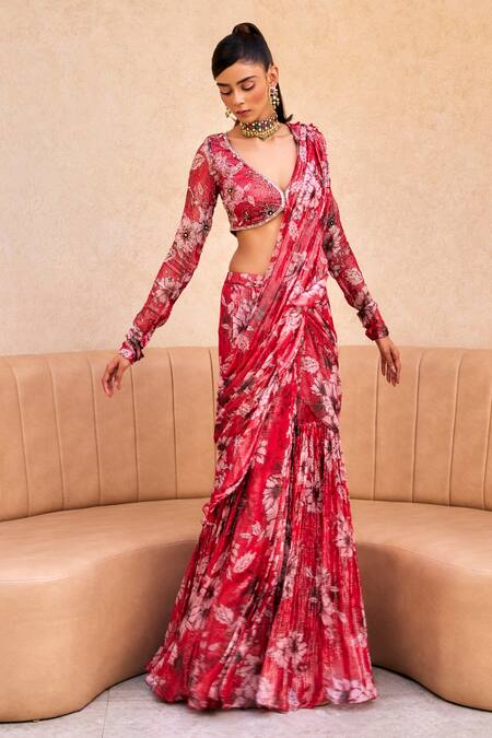 Label Sanya Gulati Red Georgette Embroidery Plunge Floral Print Pre-draped Ruffle Saree With Blouse Online at Aza Fashions Label Sanya Gulati_Red Georgette Embroidery Plunge Floral Print Pre-draped Ruffle Saree With Blouse _Online_at_Aza_Fashions