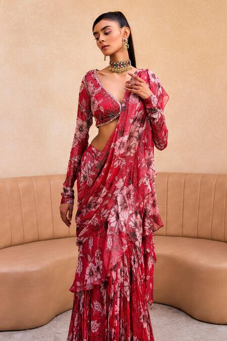 Buy Label Sanya Gulati Red Georgette Embroidery Plunge Floral Print Pre-draped Ruffle Saree With Blouse Online at Aza Fashions Buy_Label Sanya Gulati_Red Georgette Embroidery Plunge Floral Print Pre-draped Ruffle Saree With Blouse _Online_at_Aza_Fashions