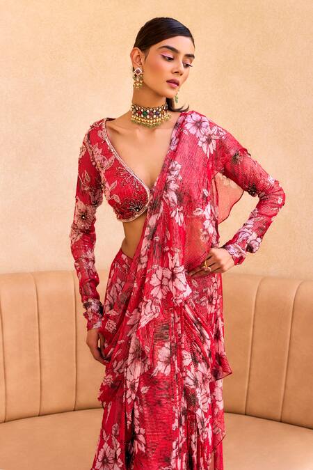 Shop Label Sanya Gulati Red Georgette Embroidery Plunge Floral Print Pre-draped Ruffle Saree With Blouse Online at Aza Fashions Shop_Label Sanya Gulati_Red Georgette Embroidery Plunge Floral Print Pre-draped Ruffle Saree With Blouse _Online_at_Aza_Fashions